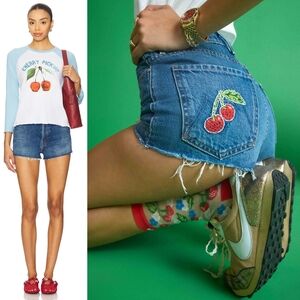 NWT Mother Denim Tune Up Short Fray 27 Green Thumb Red Cherry Embroidered Shorts